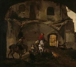 Philips Wouwerman - An Italianate Landscape With Two Riders And Other Figures Beneath Ruined Buildings