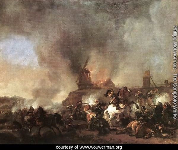 Cavalry Battle in front of a Burning Mill 1660s