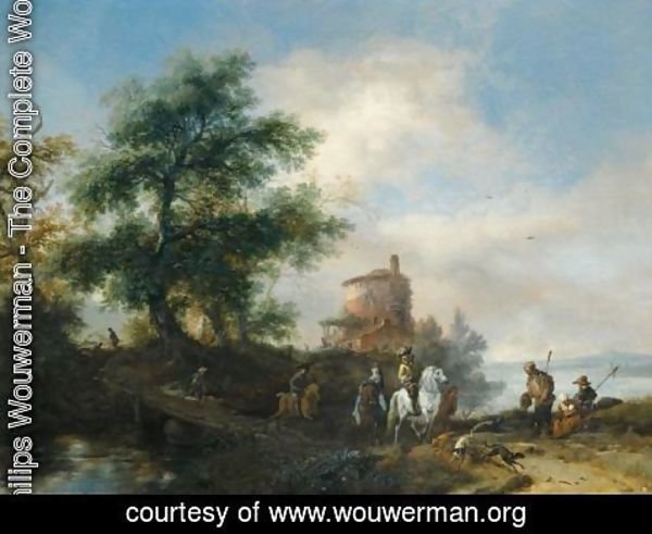 Philips Wouwerman - A River Landscape With A Gentleman And Lady Riding To The Chase, With A Pilgrim Asking For Alms In The Foreground, Other Members Of The Hunting Party Crossing A Wooden Bridge, A Tower Beyond