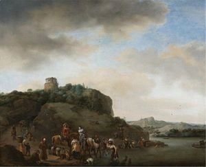 Philips Wouwerman - Landscape With A Hawking Party Stopped By A River