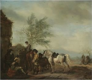 Philips Wouwerman - A Lakeside Halt With Travellers Resting